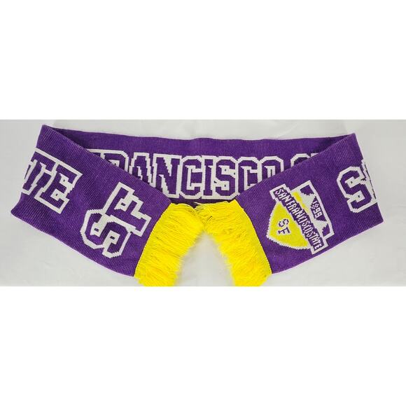 SAN FRANCISCO STATE UNIVERSITY GATORS SCARF – PURPLE W/ GOLD FRINGE - Picture 6 of 6